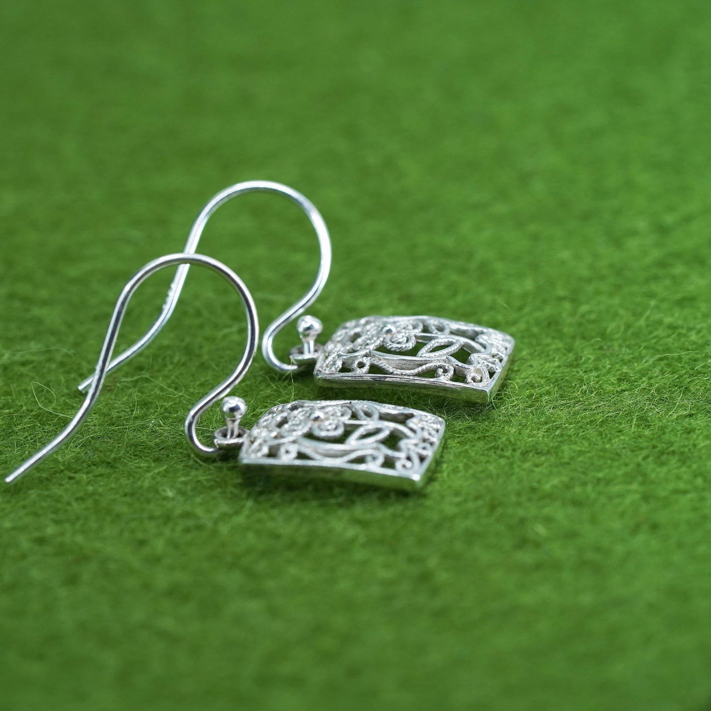 Vintage Sterling silver handmade earrings, 925 filigree rectangular dangles