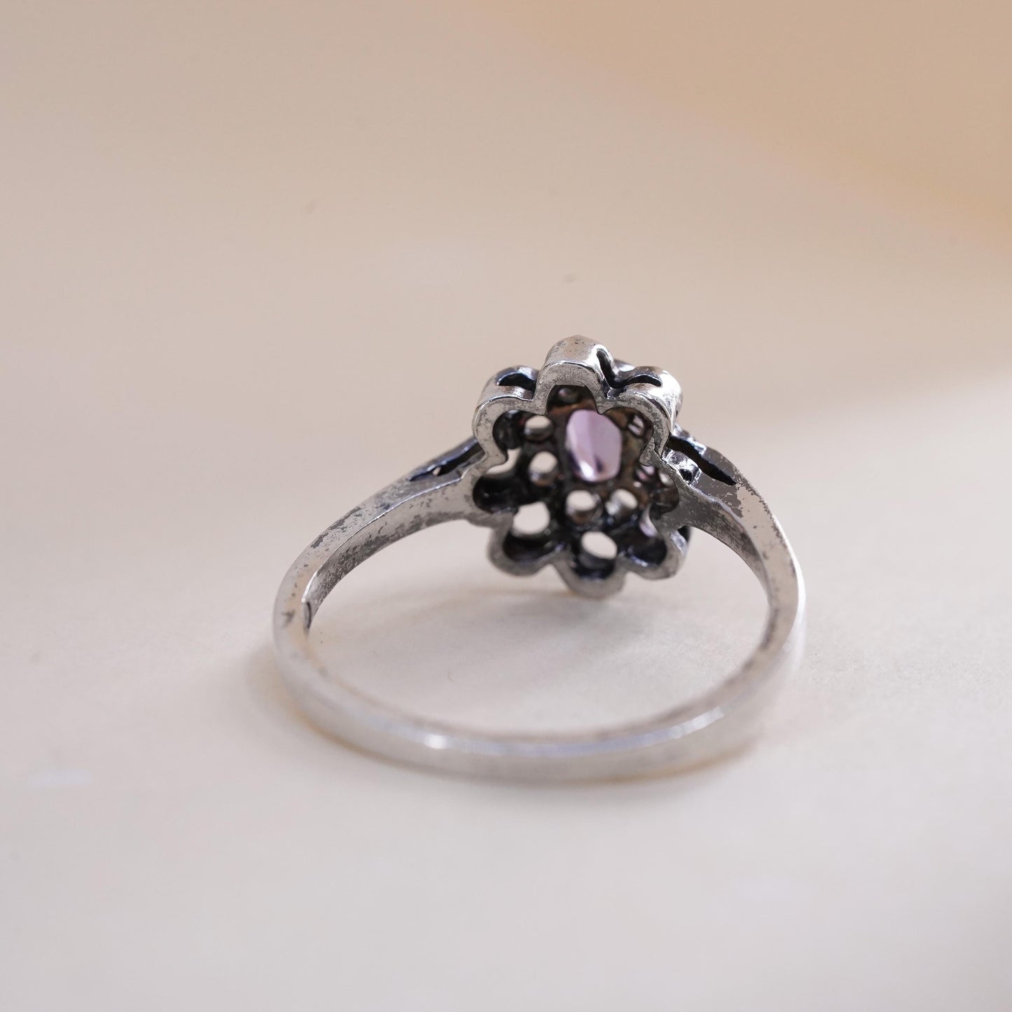 Size 7, vintage Sterling 925 silver handmade crown ring with amethyst