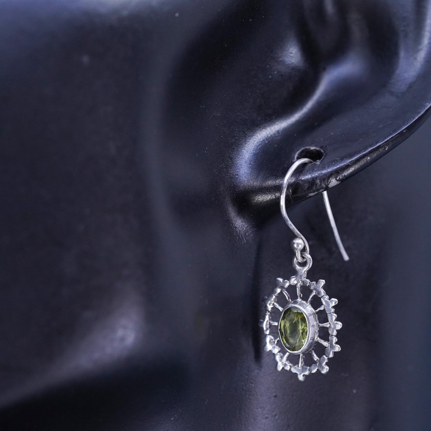Vintage sterling silver handmade filigree earrings, 925 oval peridot