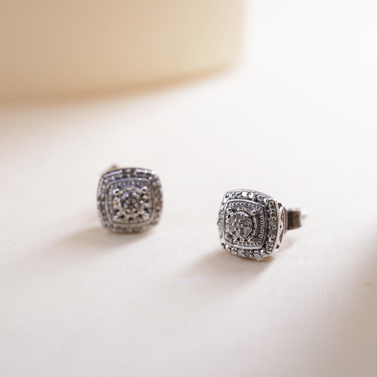 Vintage sterling silver handmade earrings, 925 studs with cluster diamonds