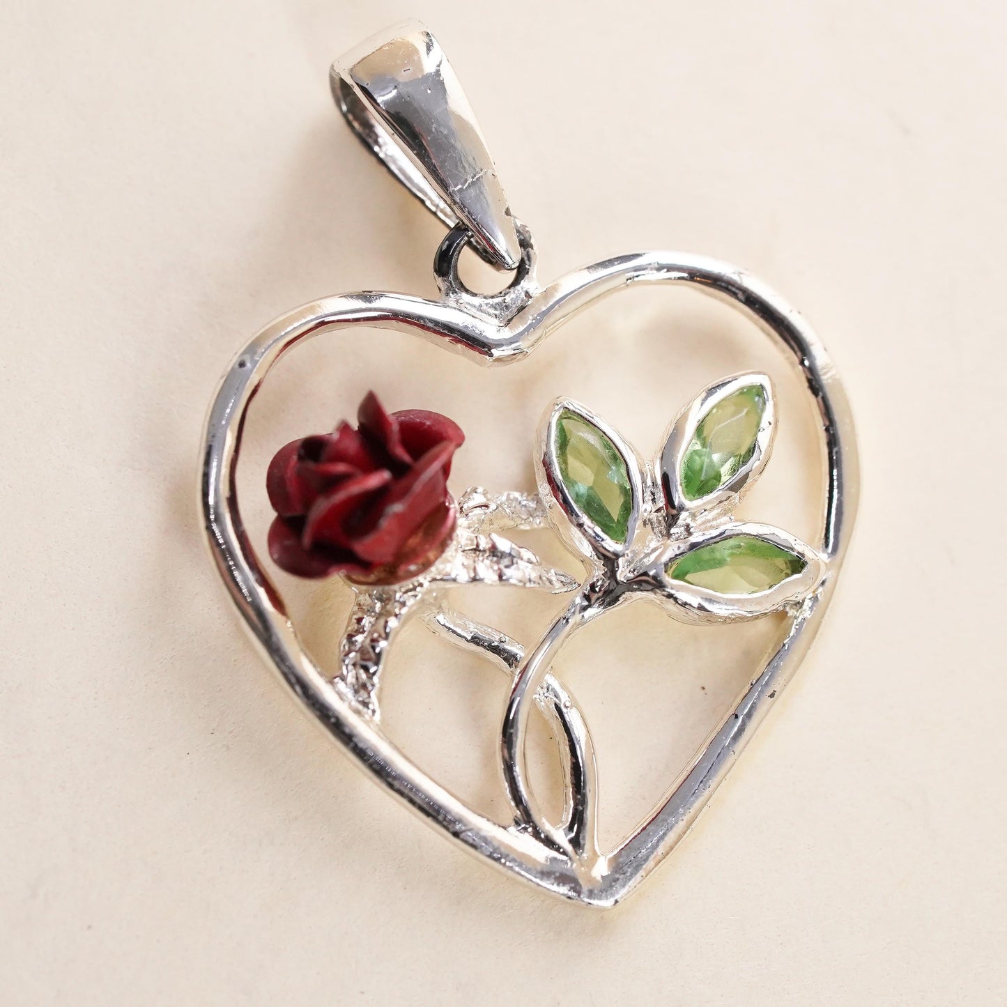 Vintage Sterling silver handmade pendant, 925 rose flower heart charm