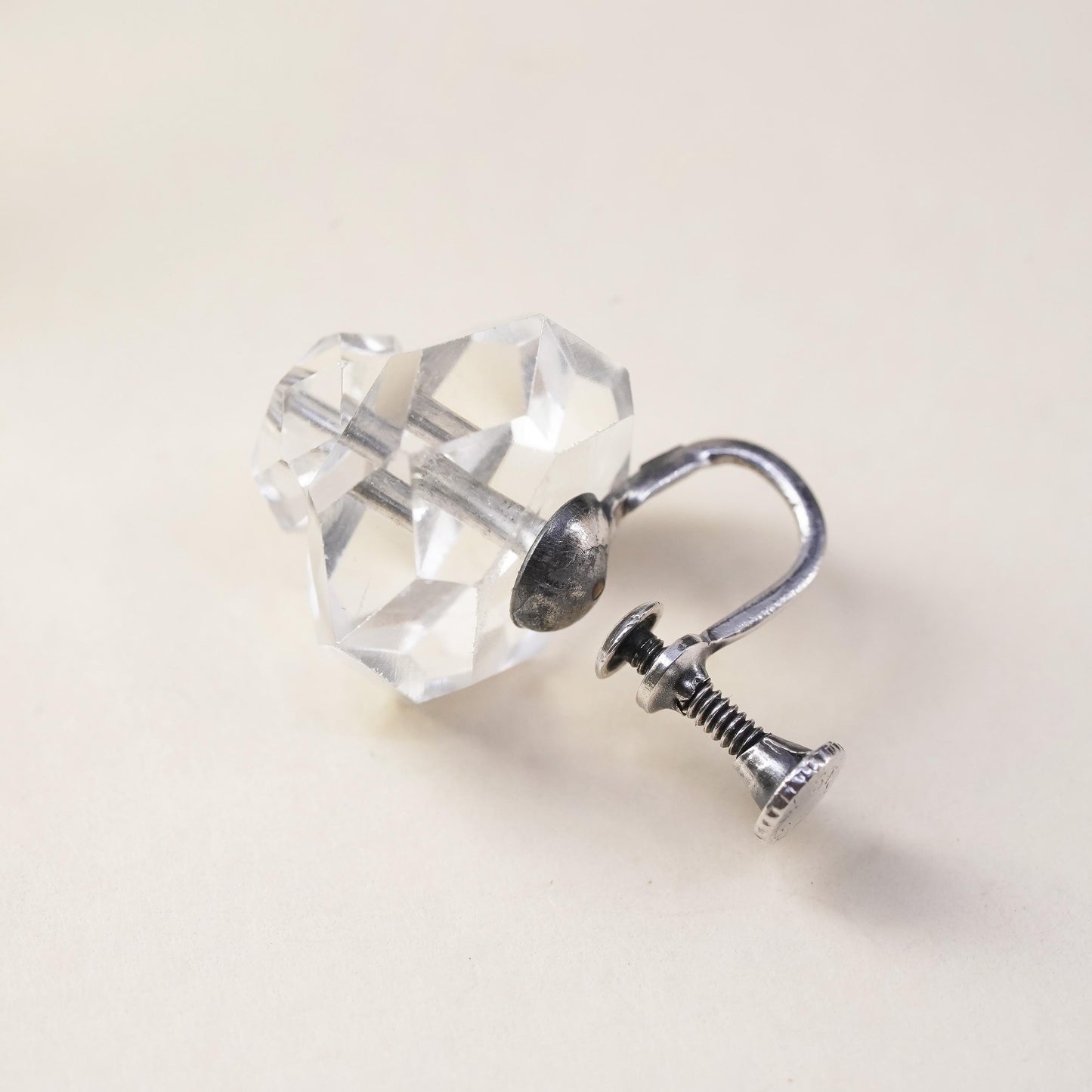 Vintage sterling silver handmade single earring, 925 screw back with crystal