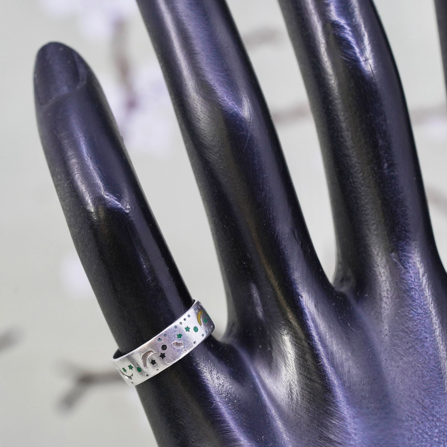 Size 4, Vintage sterling silver handmade ring, star moon 925 band with open end