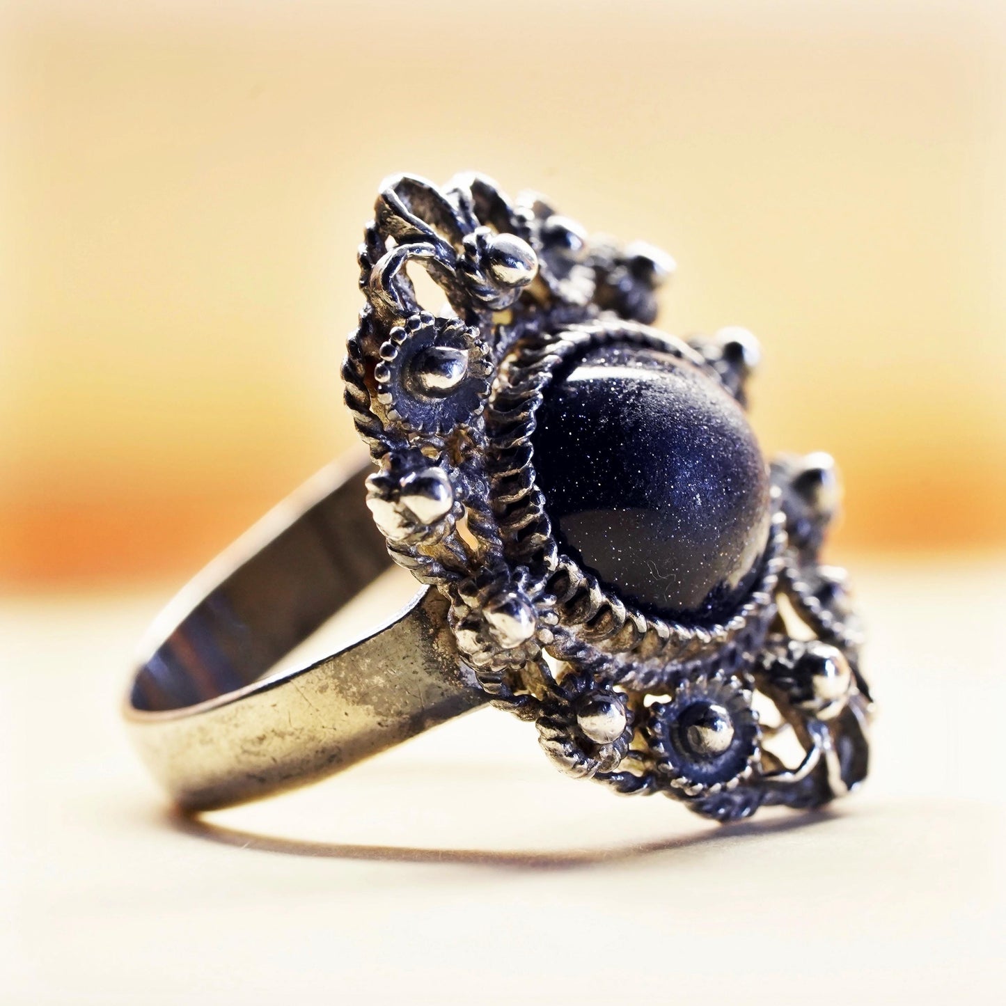 Size 6.25, Vintage sterling 925 silver filigree ring with goldstone and beads