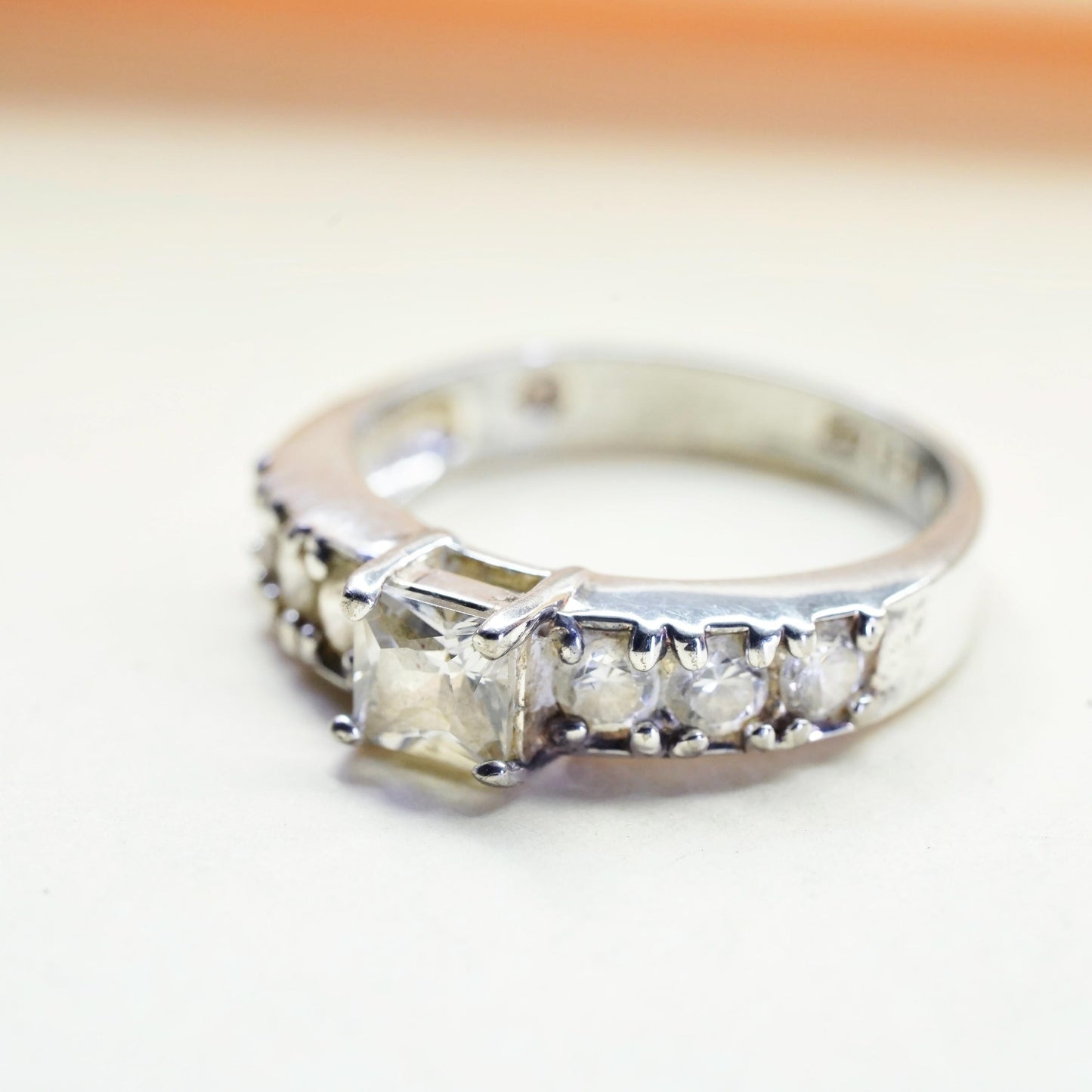 Size 7, Sterling silver ring, 925 silver with square cut CZ cluster details
