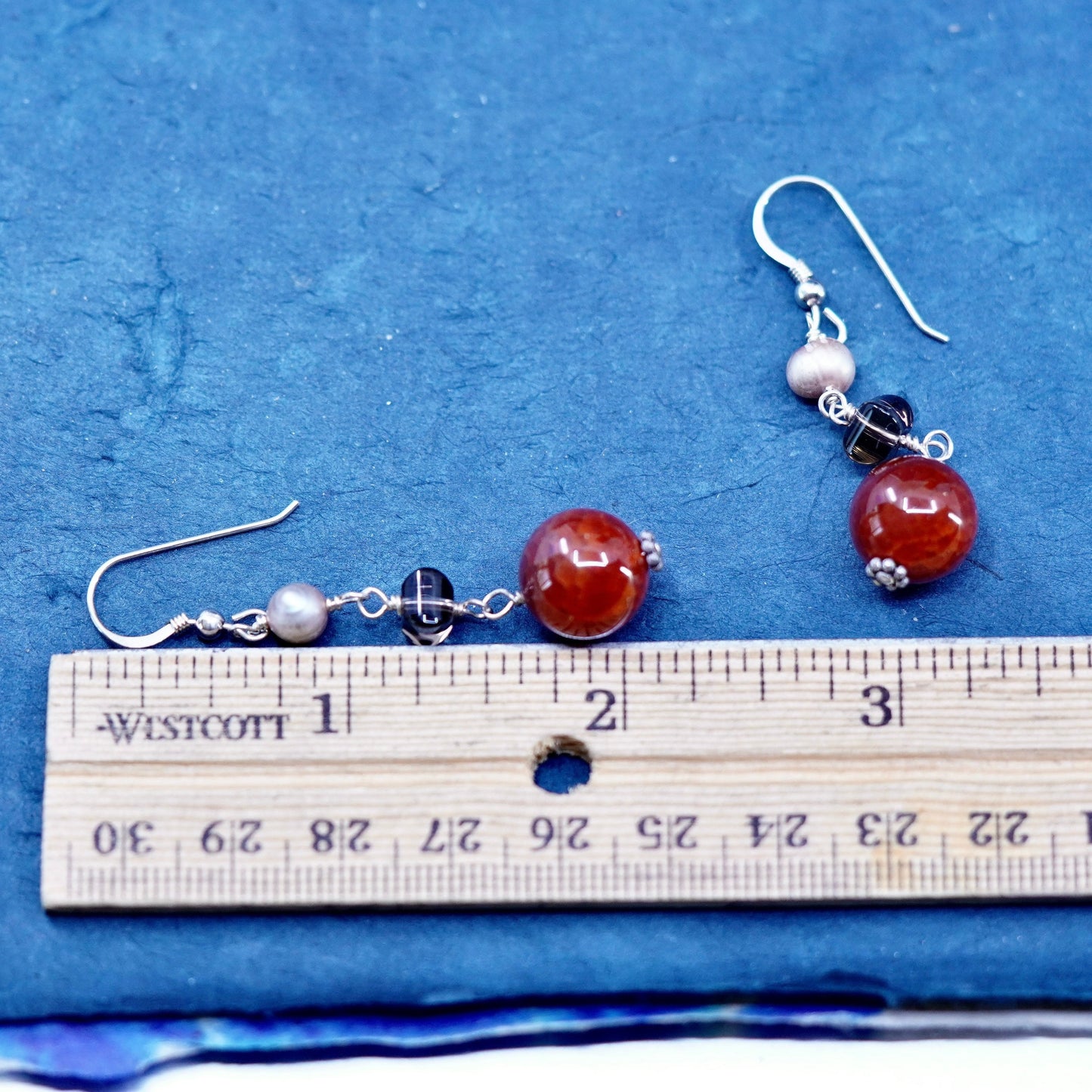 Vintage Sterling 925 silver handmade earrings with carnelian and smoky crystal