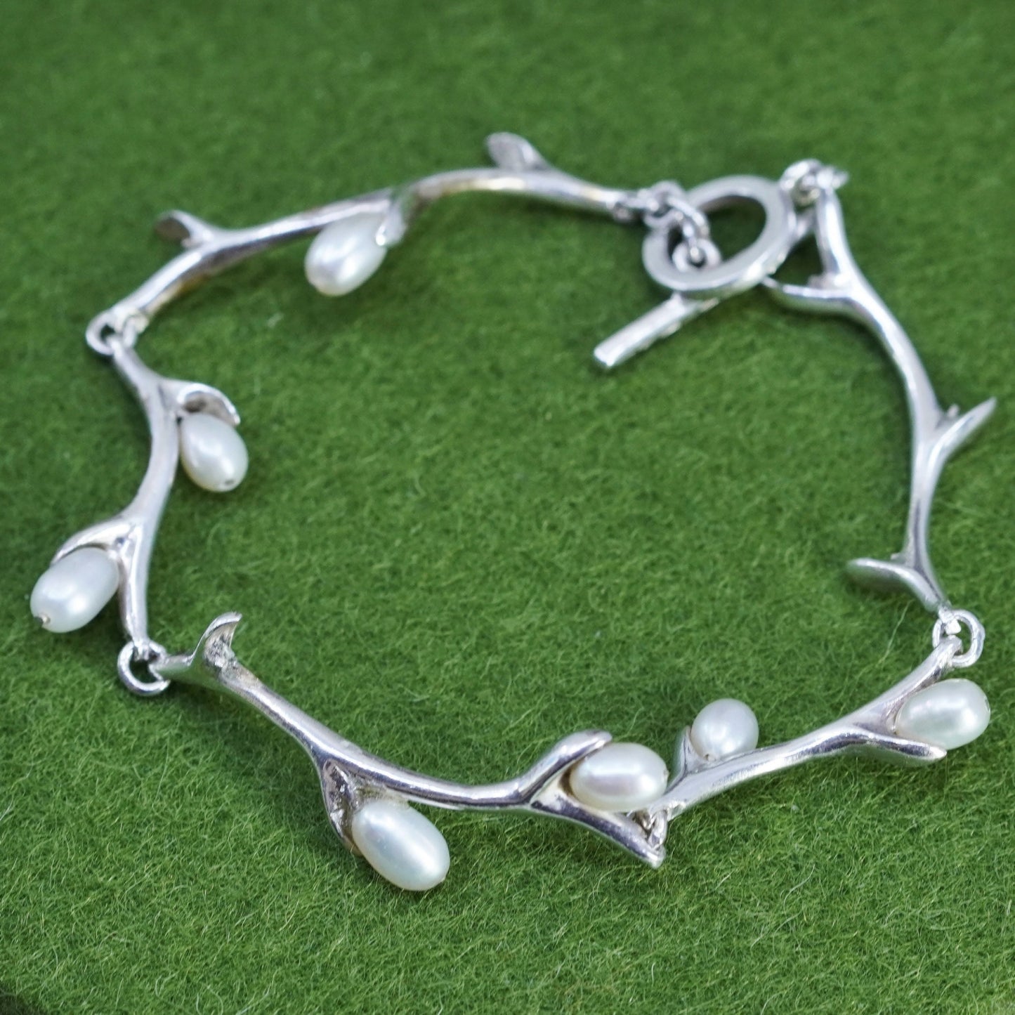 7”, Vintage sterling silver handmade bracelet, 925 branch link chain with pearl