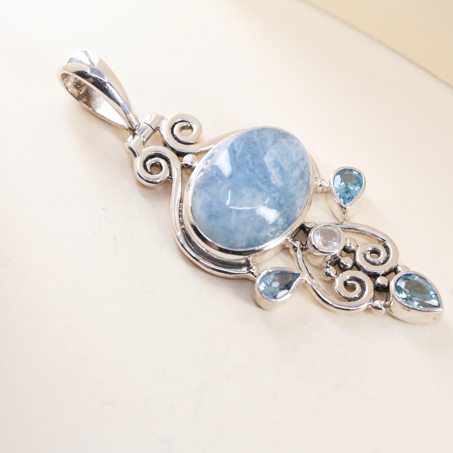 Vintage ARYA Aquamarine Blue Topaz Moonstone Sterling Silver Pendant, Statement Jewelry, Artisan Gemstone, stamped 925 Arya