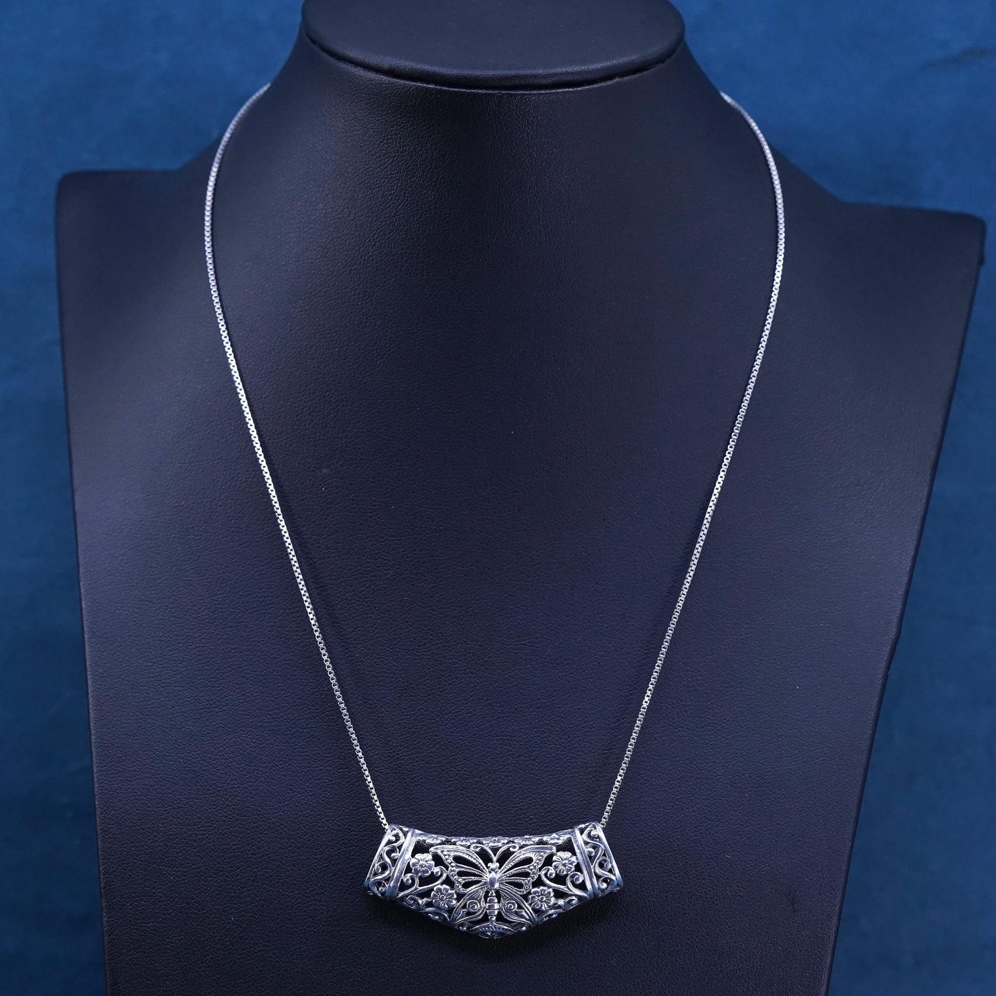18”, Sterling 925 silver box chain necklace filigree butterfly slide pendant