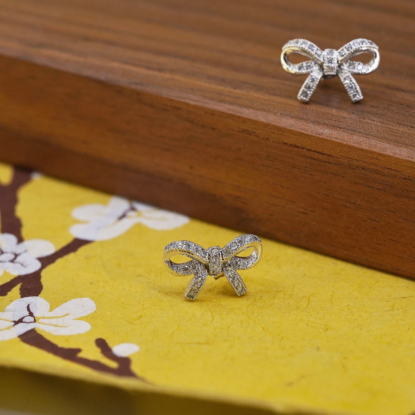 Vintage Sterling silver cluster clear crystal ribbon bow tie studs, cz earrings