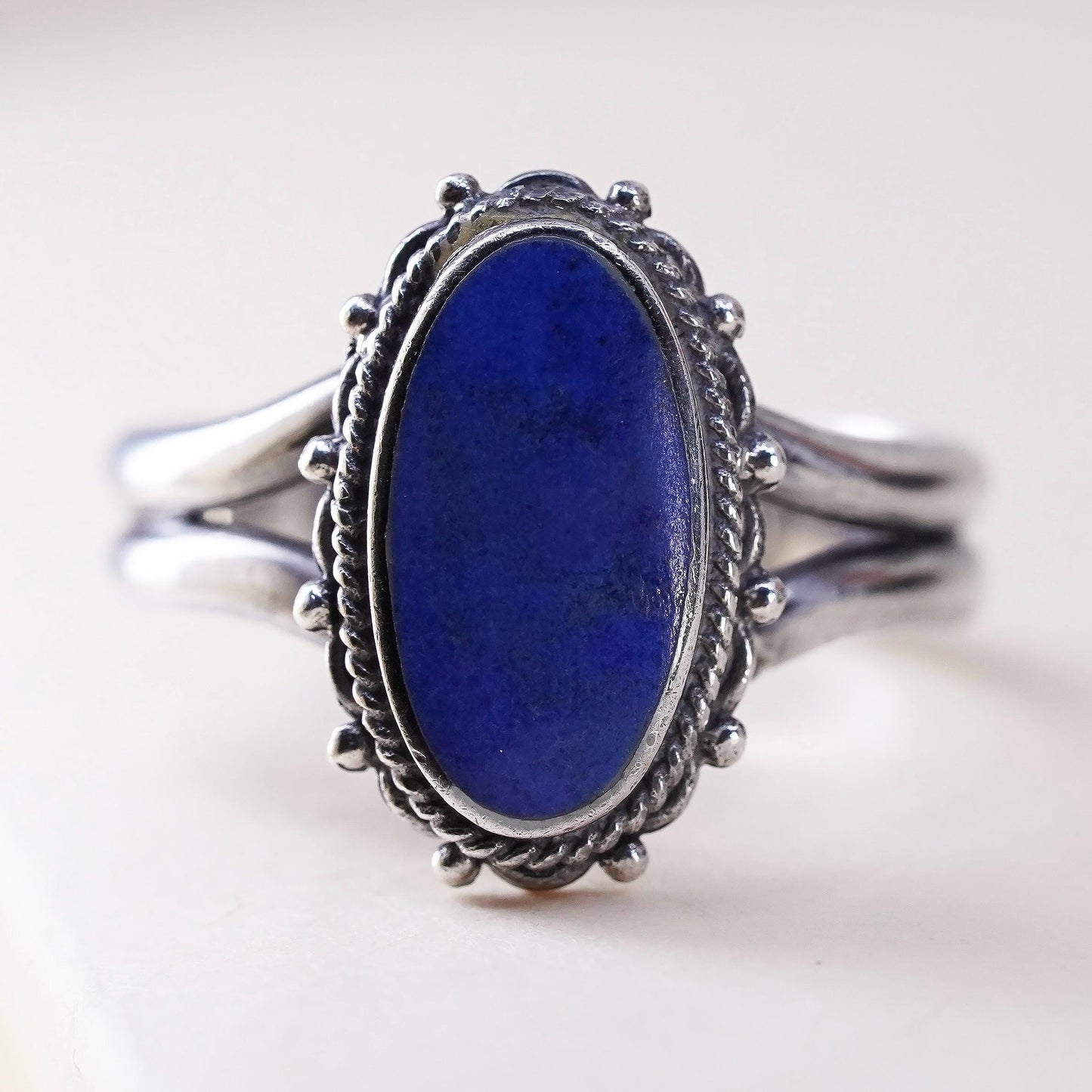 Size 9, vintage Boma 925 silver statement ring with oval Lapis lazuli and beads