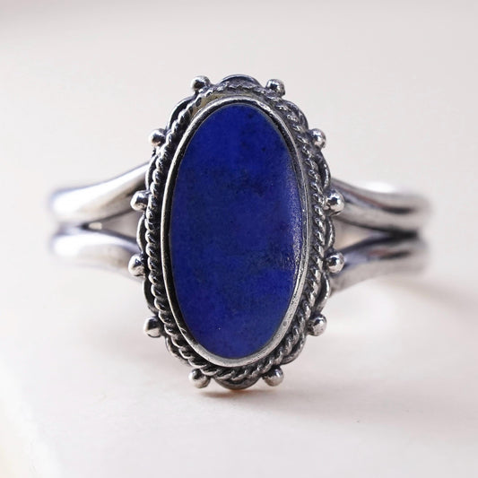 Size 9, vintage Boma 925 silver statement ring with oval Lapis lazuli and beads