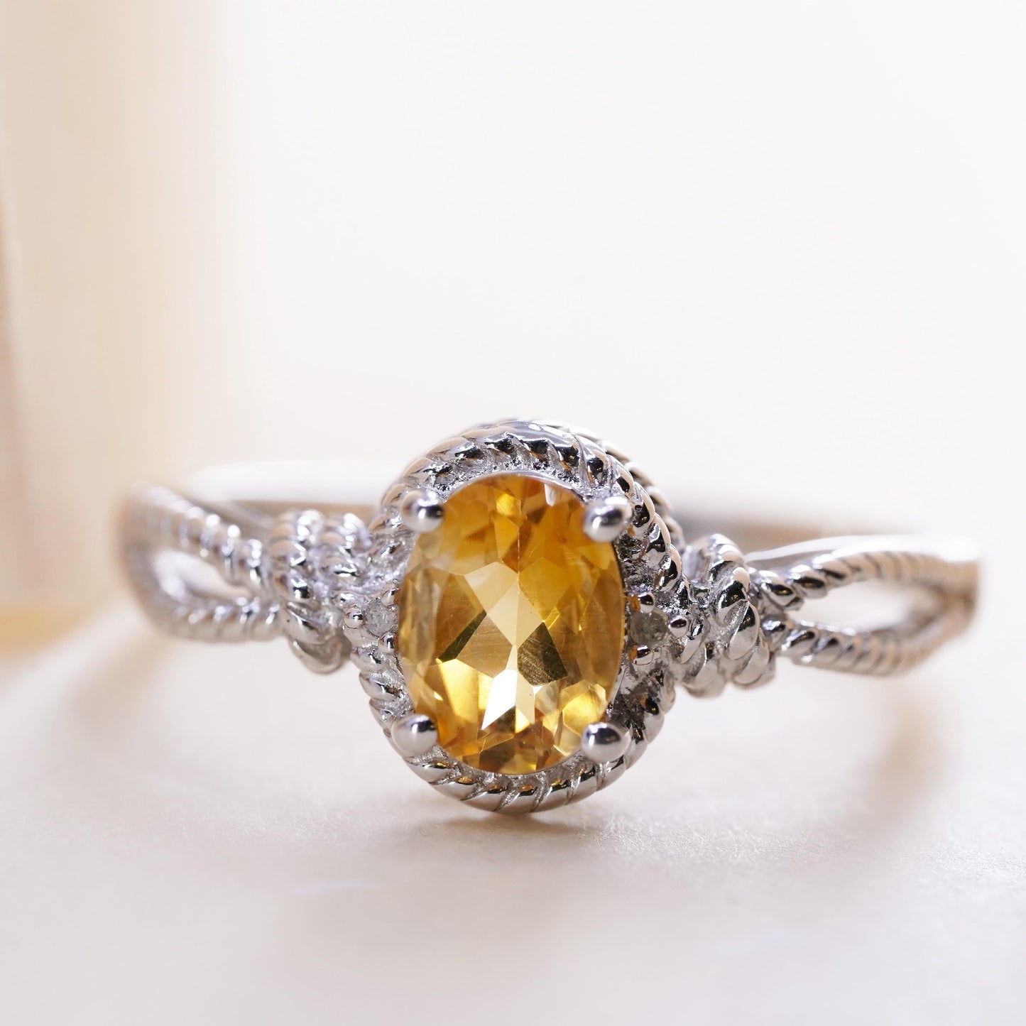 Size 10, vintage Sterling silver ring, 925 silver cable band with oval citrine