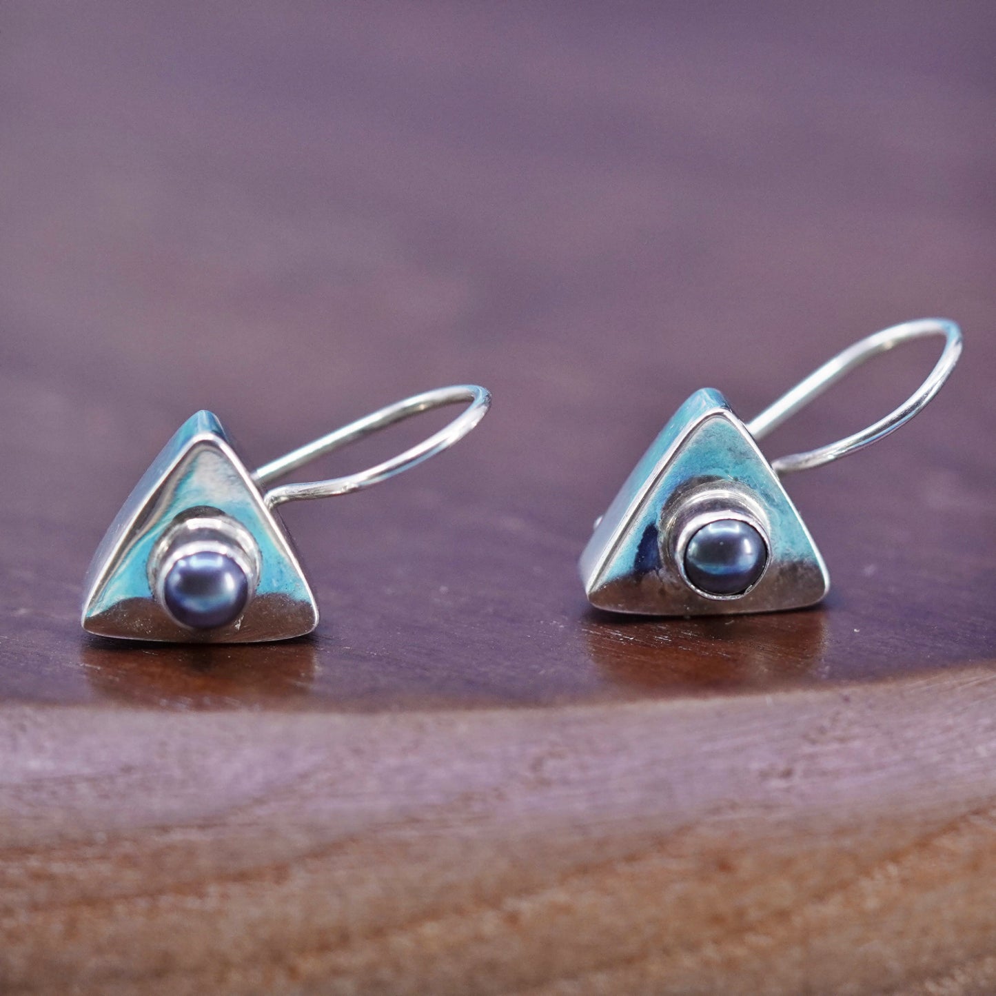 Vintage Sterling silver 925 handmade triangular earrings with black pearl inlay