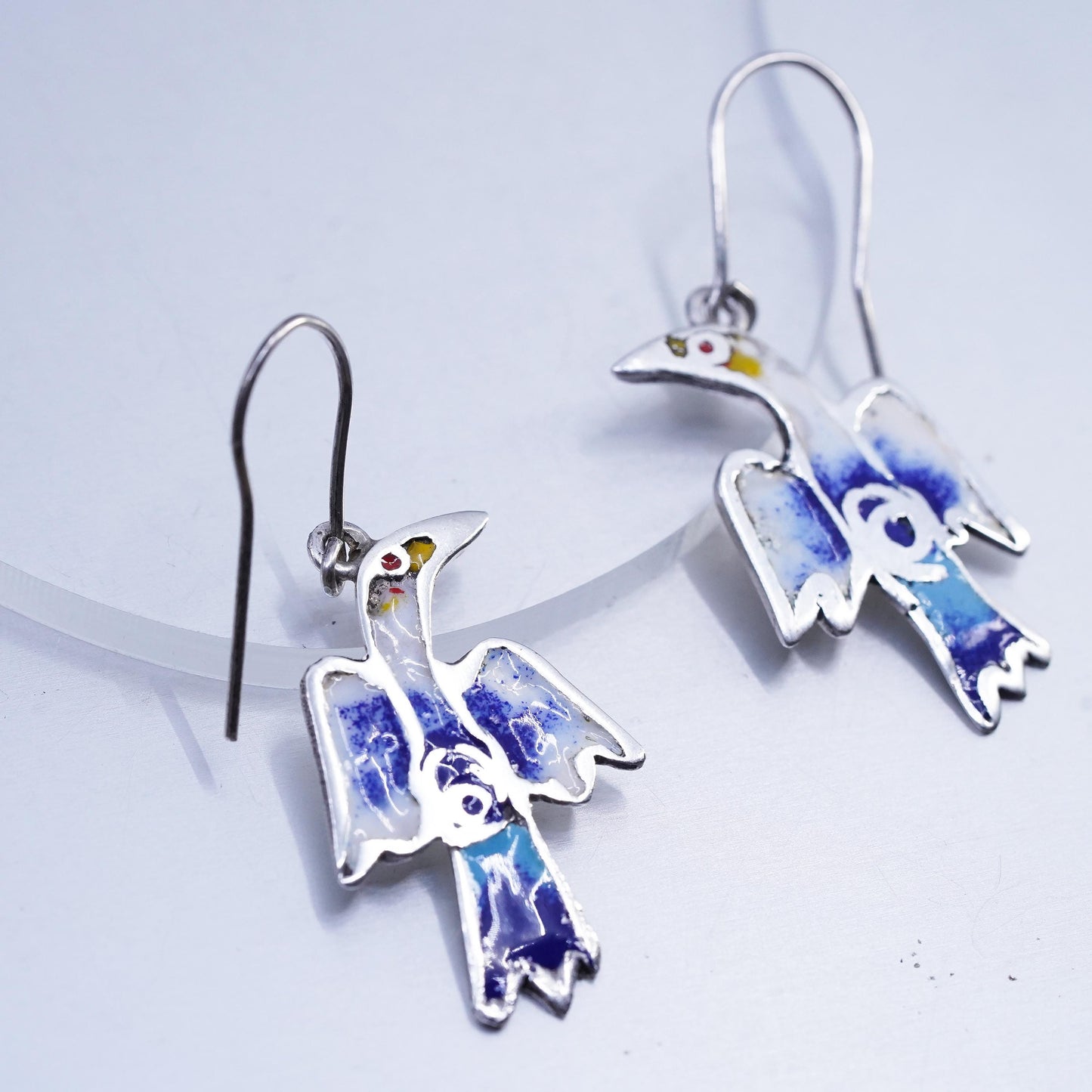 Vintage Designer Sterling 925 silver handmade bird earrings with enamel inlay