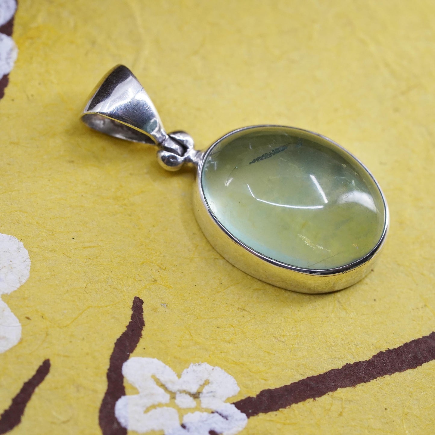 Vintage Sterling silver handmade pendant, 925 oval with prehnite