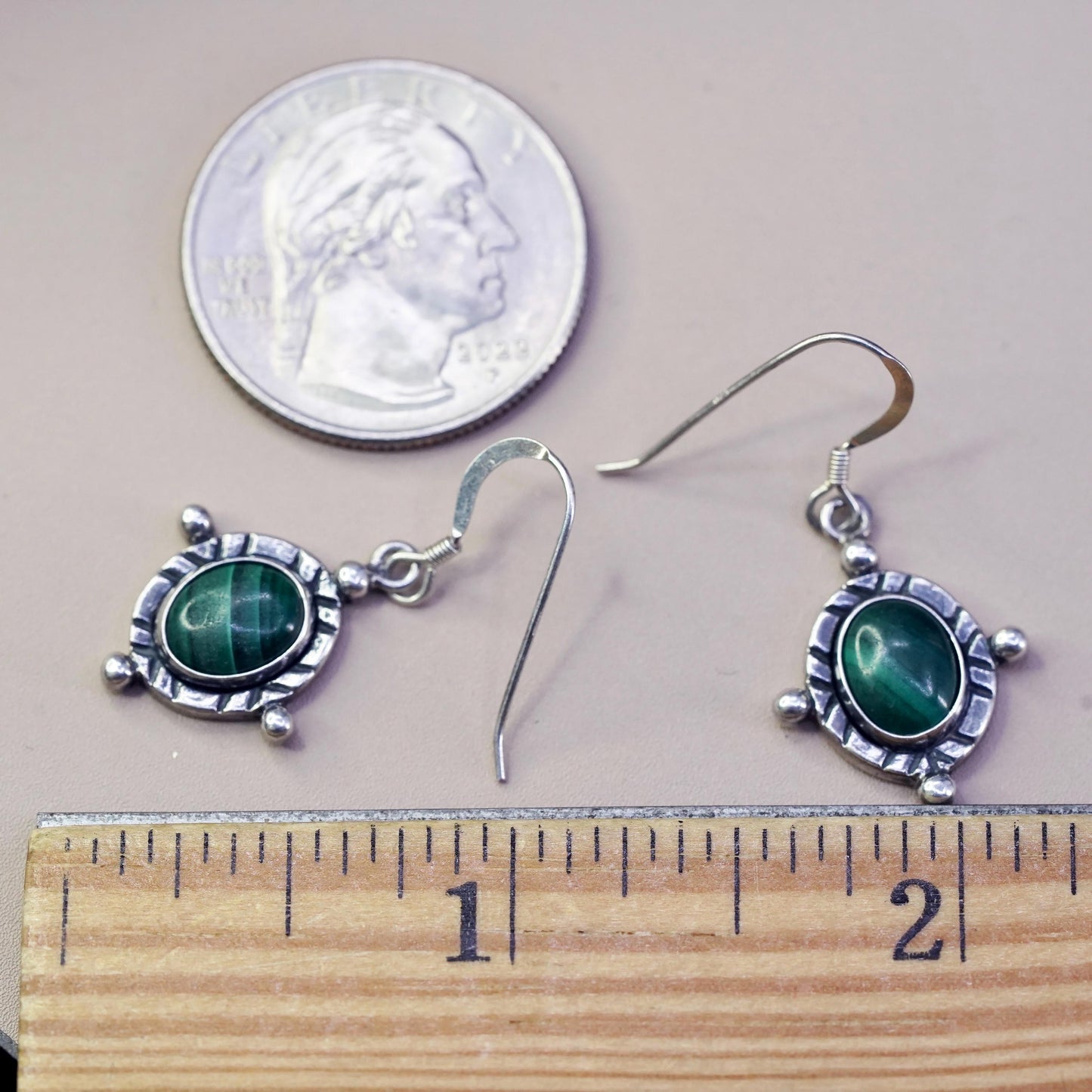 Vintage mexico sterling silver handmade earrings, 925 dangles oval malachite