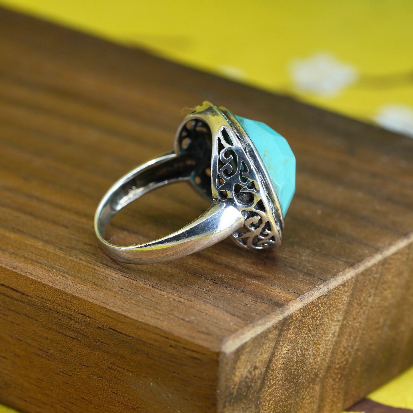 Size 8.25, vintage Sterling 925 silver handmade ring with turquoise filigree