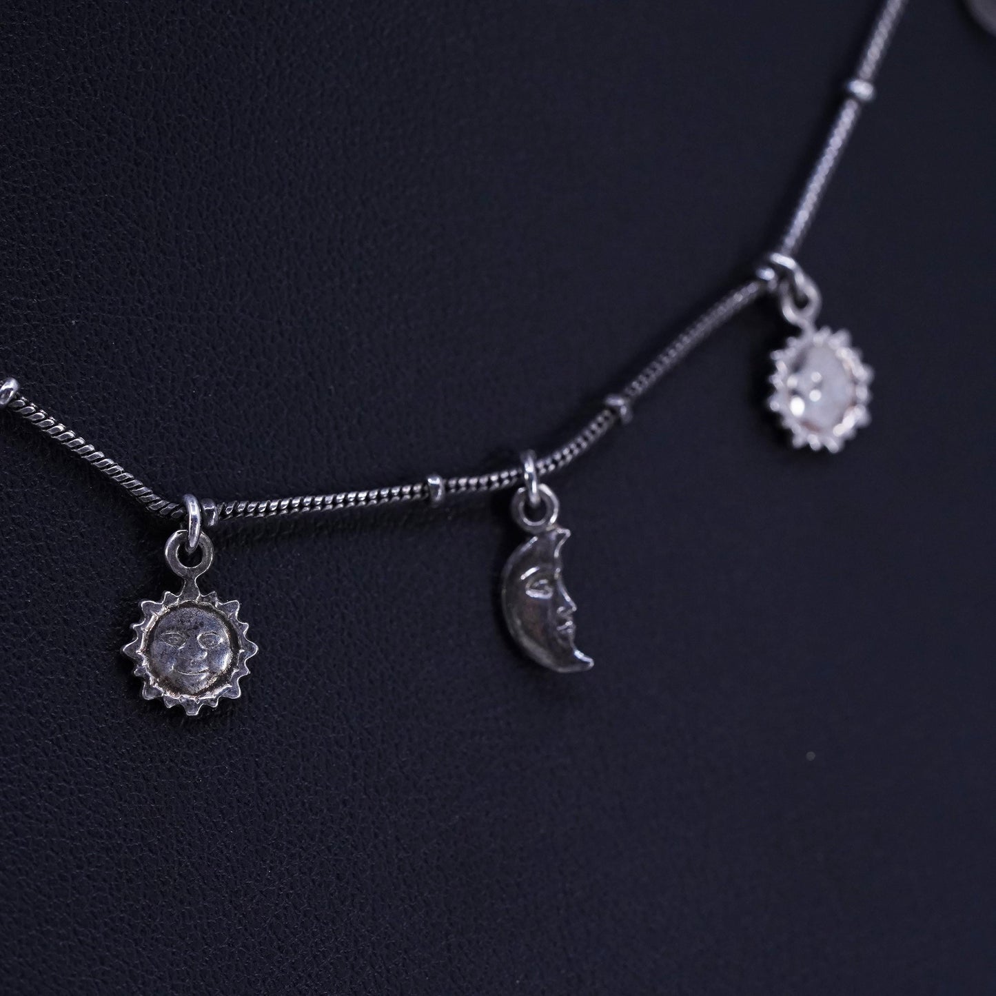 14”, Vintage Sterling 925 silver handmade choker necklace with sun moon charms