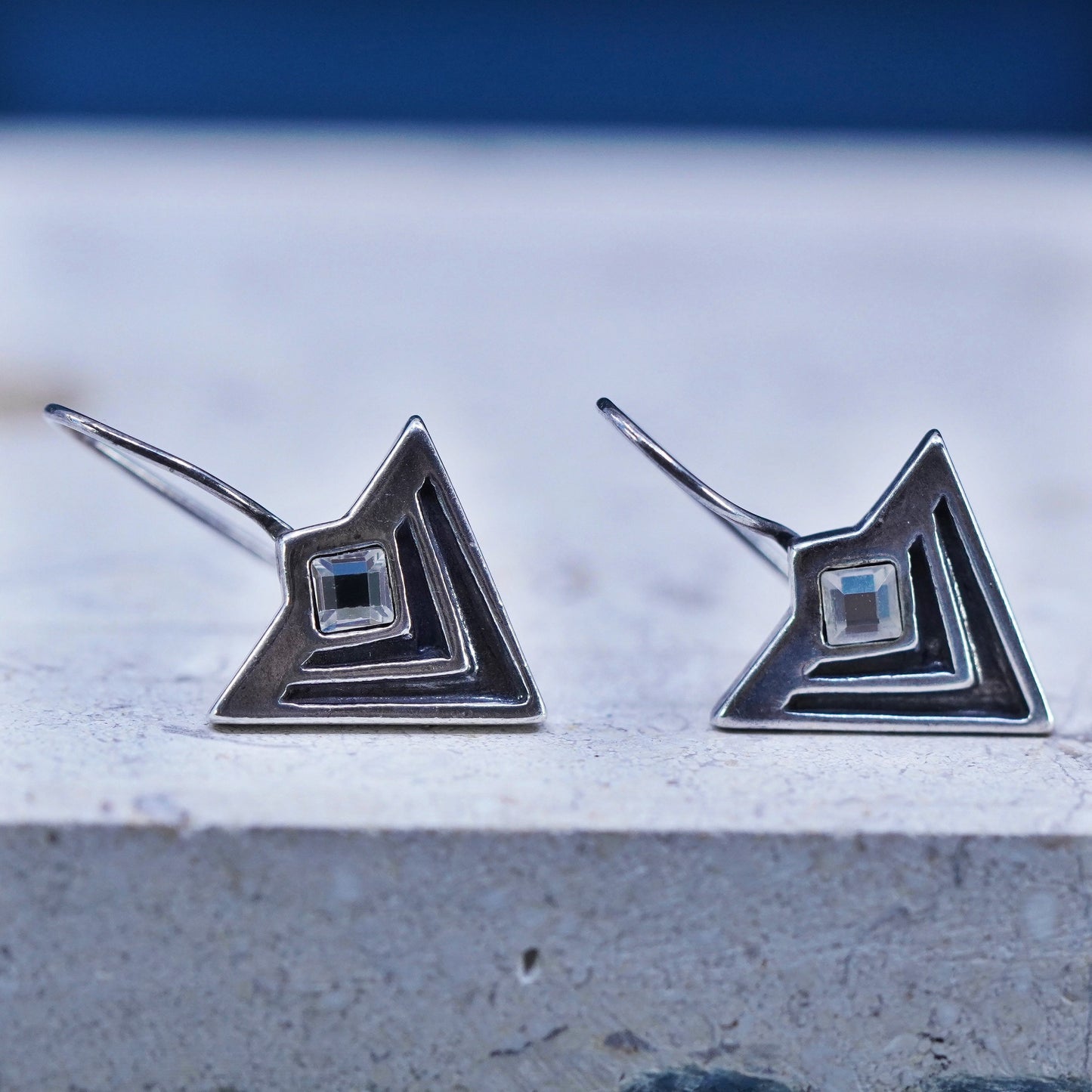 Vintage southwestern sterling 925 silver handmade triangular earrings with cz