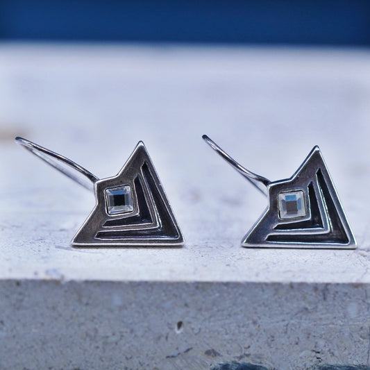 Vintage southwestern sterling 925 silver handmade triangular earrings with cz