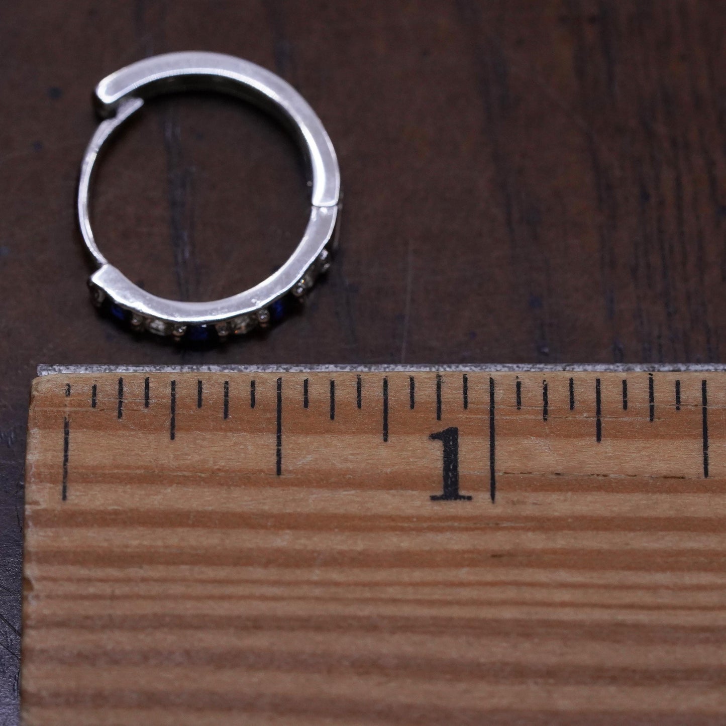 0.75”, sterling silver single earring, 925 huggie hoop with sapphire and cz