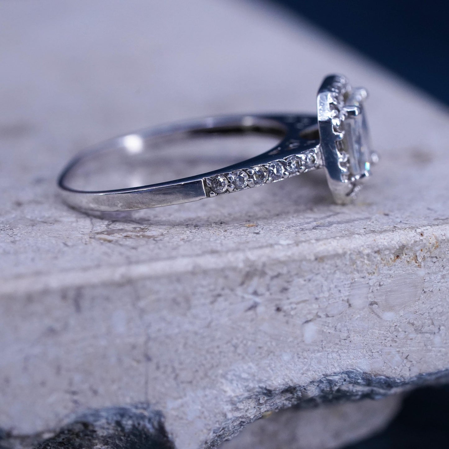 Size 8.25, vintage Sterling 925 silver engagement ring with cluster Cz around
