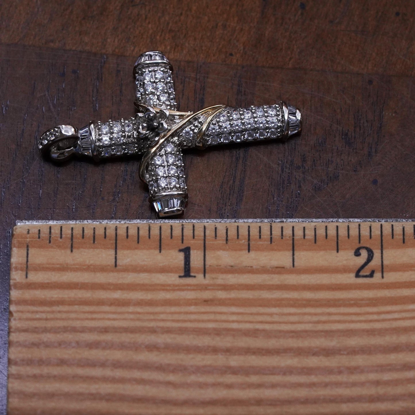 Vintage sterling silver pendant, 925 cross with cluster Cz and gold vines