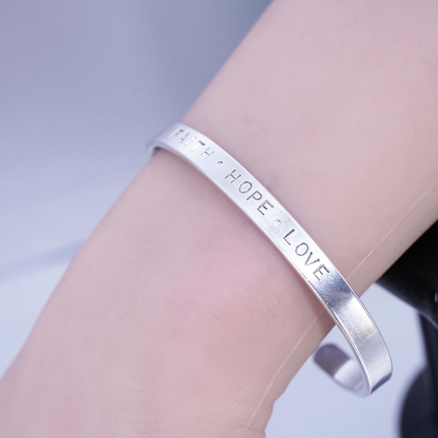6.75”, southwestern Sterling 925 silver bracelet, quote cuff “faith hope love
