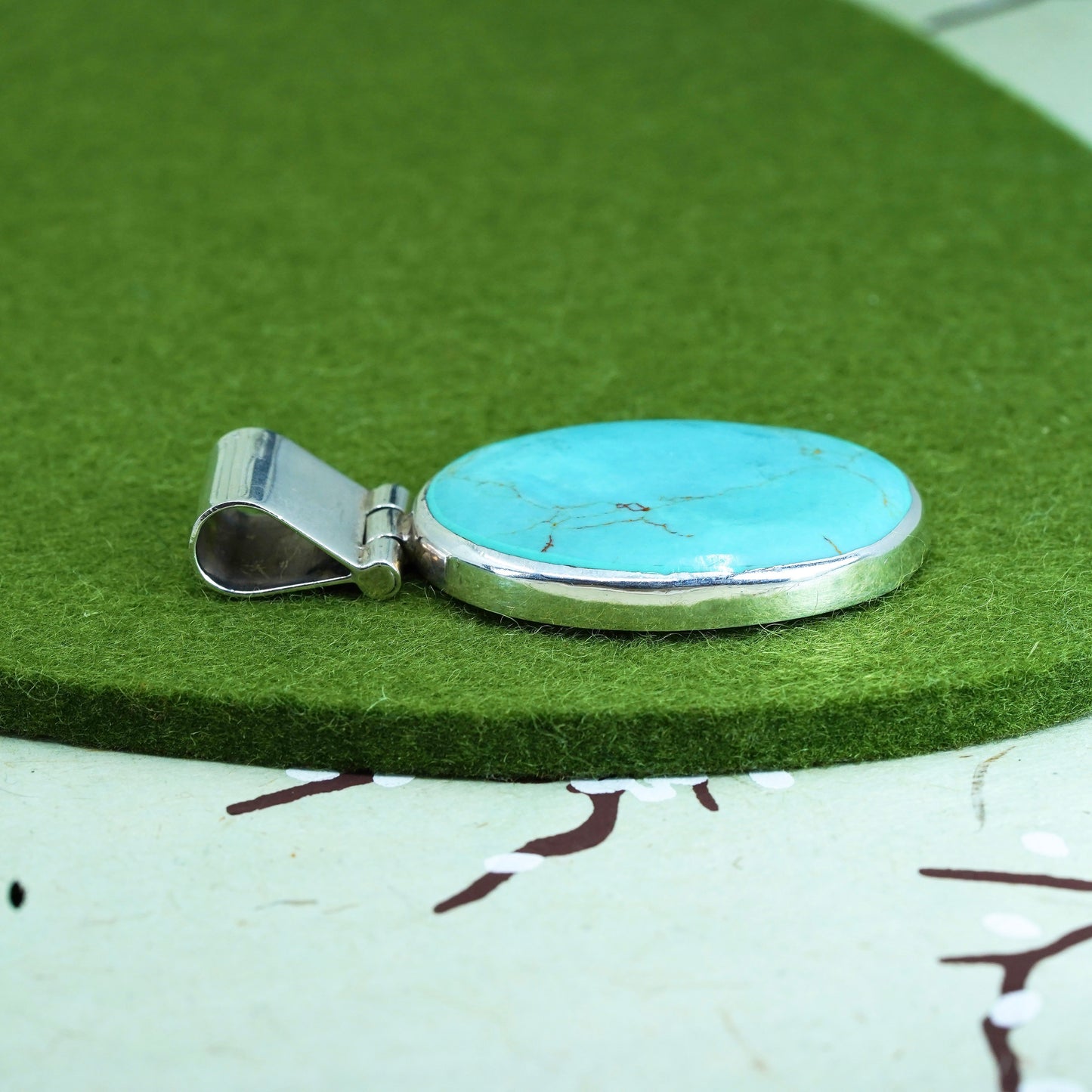 sterling silver handmade pendant, 925 Mexico pendant with huge oval turquoise