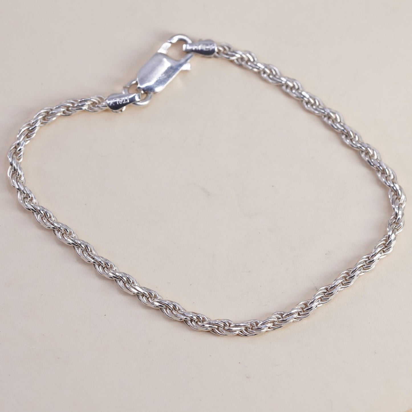 7" 3mm, Vintage Italian sterling 925 silver rope chain bracelet