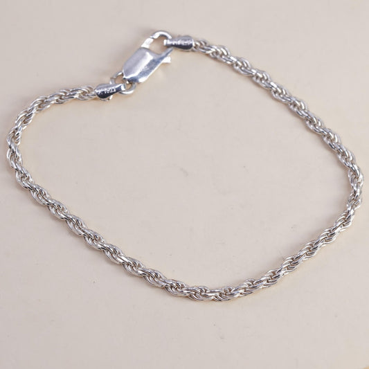 7" 3mm, Vintage Italian sterling 925 silver rope chain bracelet