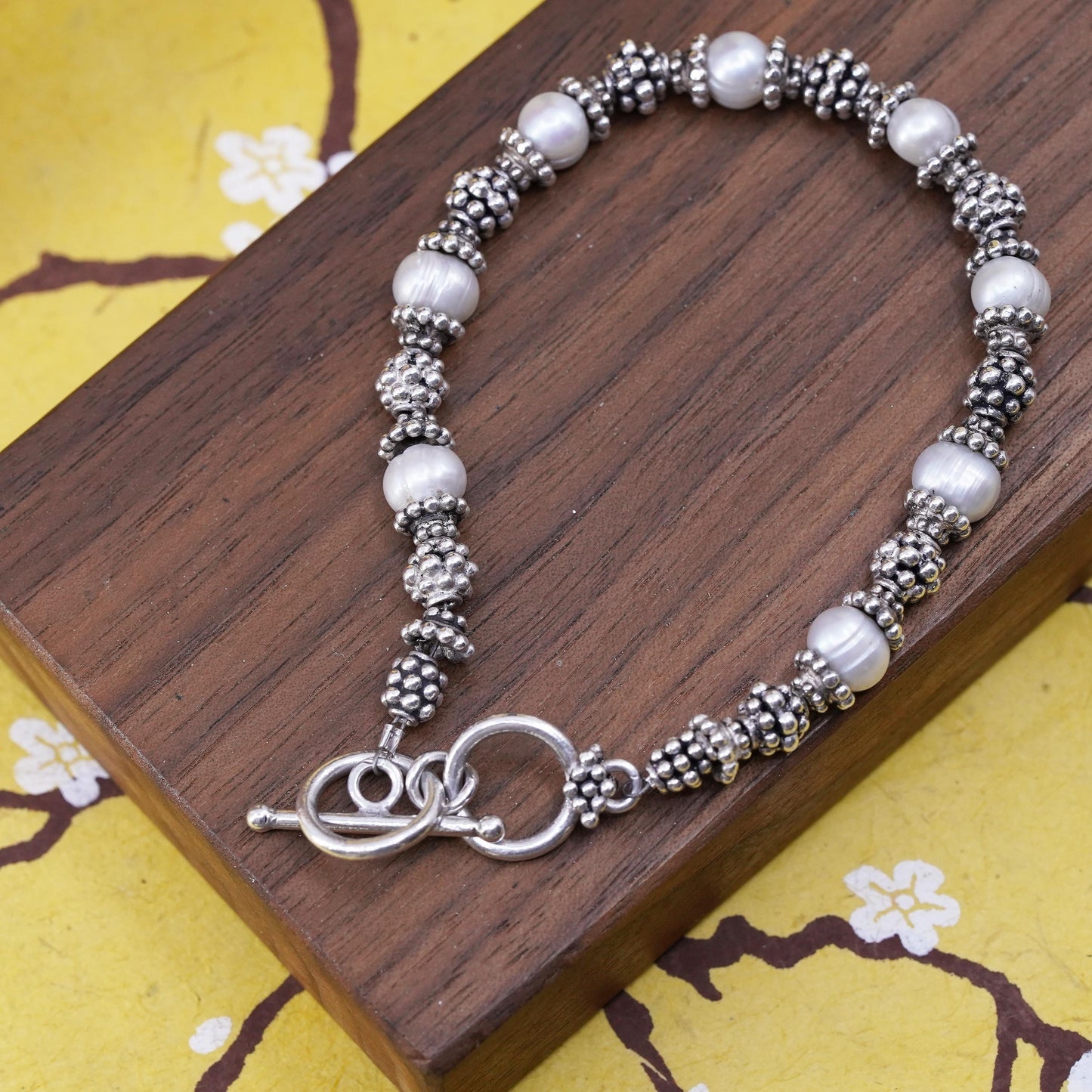 7.5", Vintage Sterling silver handmade bracelet, 925 beaded chain with pearl