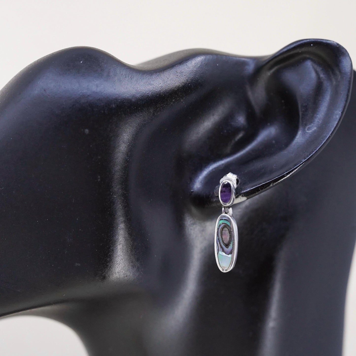 Vintage sterling 925 silver handmade oval earrings with abalone inlay
