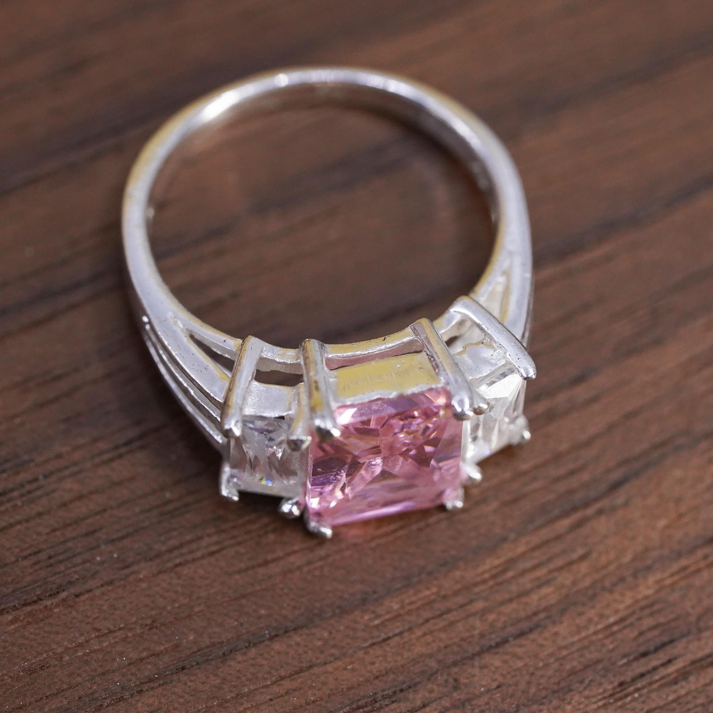 Size 7.5, vintage Sterling 925 silver ring with pink crystal and clear cz
