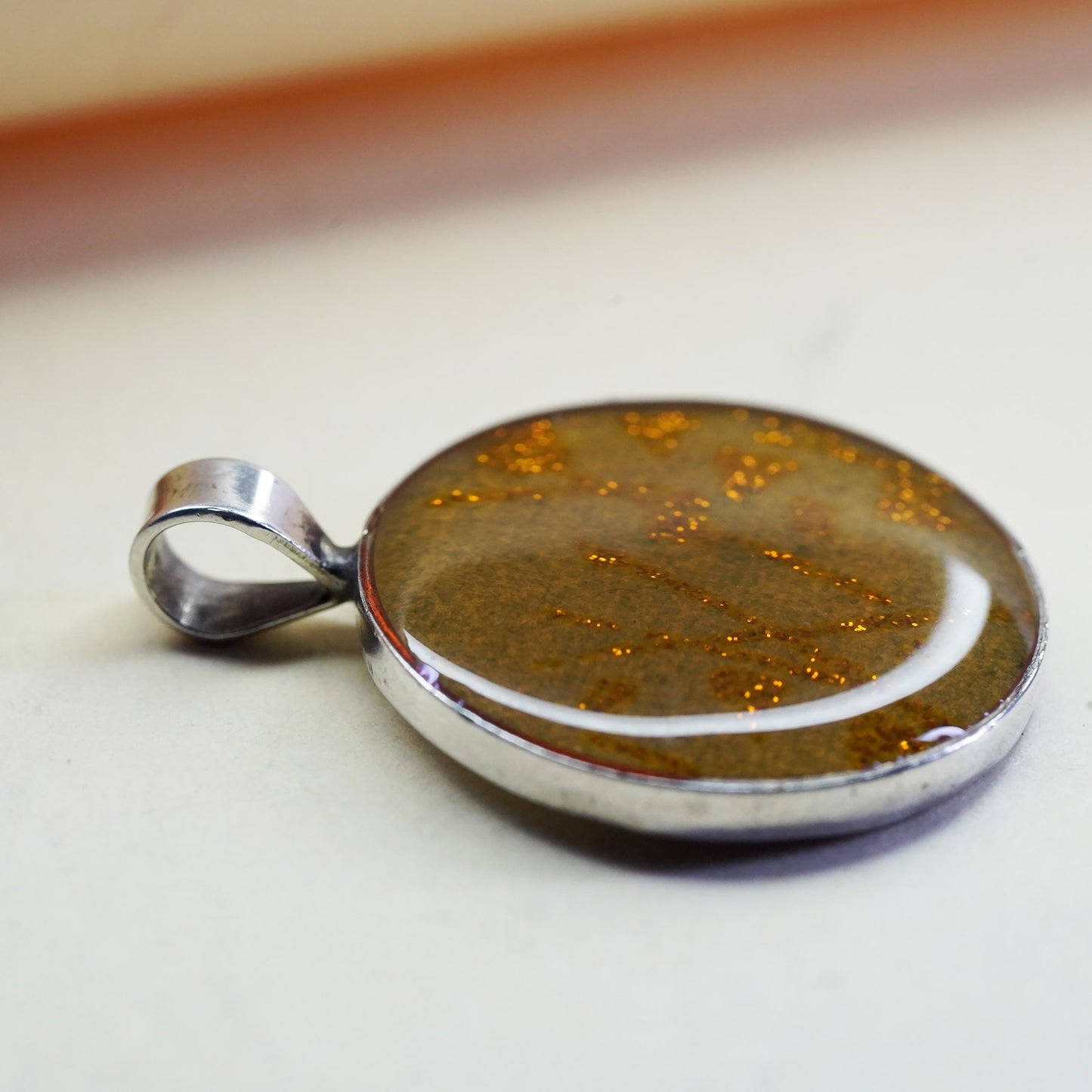Vintage sterling silver artisan glass pendant, circle dichroic glass pendant