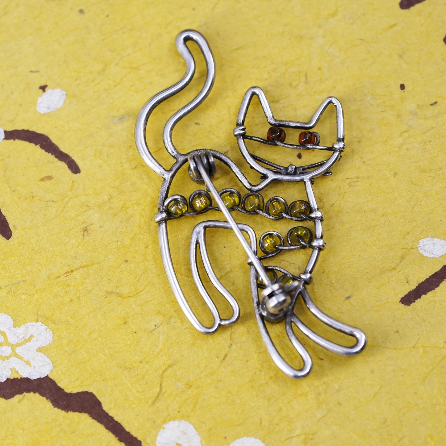 Vintage southwestern sterling 925 silver handmade kitty cat brooch pin amber