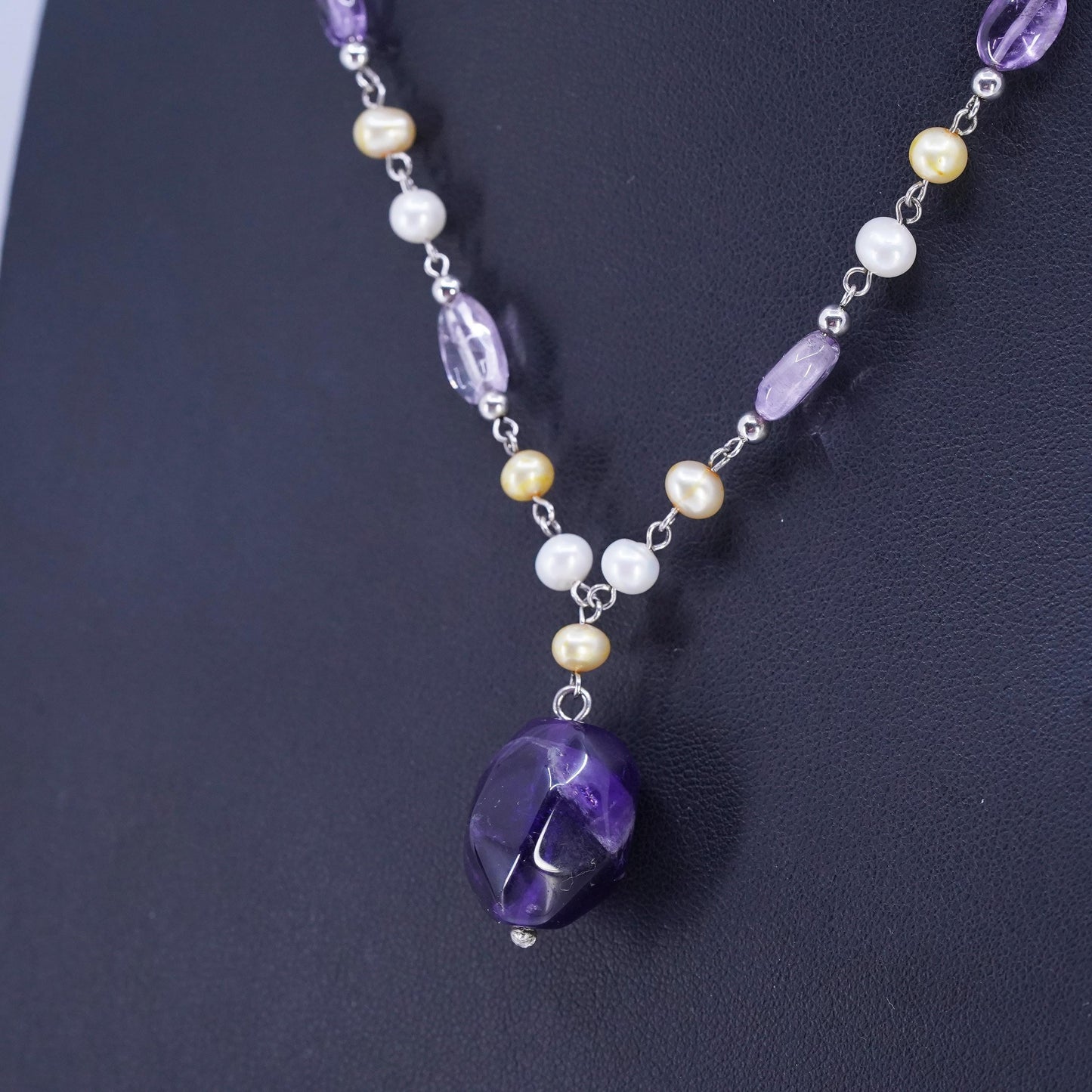 16", Sterling 925 silver necklace with pearl beads and nugget amethyst pendant