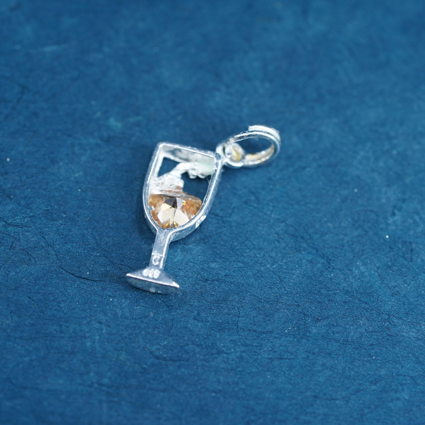 Sterling silver handmade pendant, 925 champagne glass charm with orange crystal