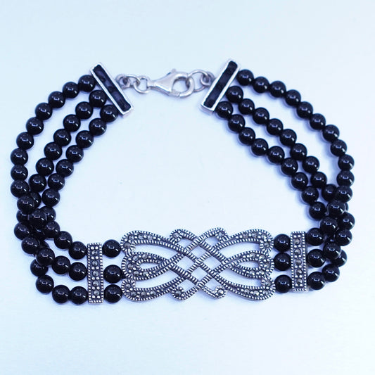 6.75”, vintage Sterling 925 silver multi strands chain bracelet marcasite onyx