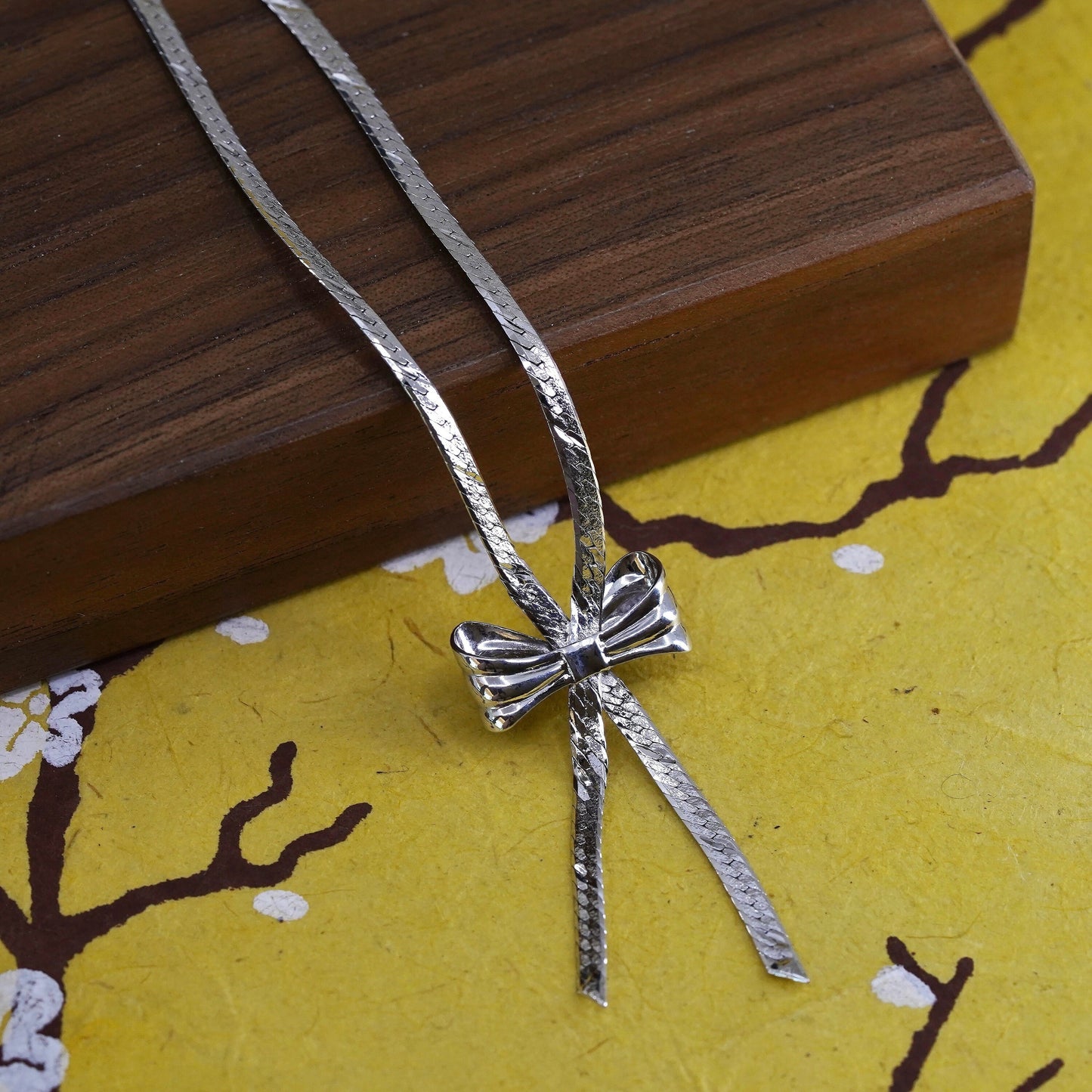 16", Sterling silver herringbone chain, Italy 925 necklace with ribbon pendant