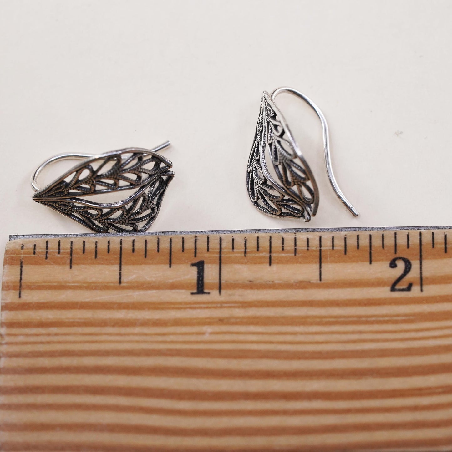 Vintage handmade sterling 925 silver filigree leaf earrings