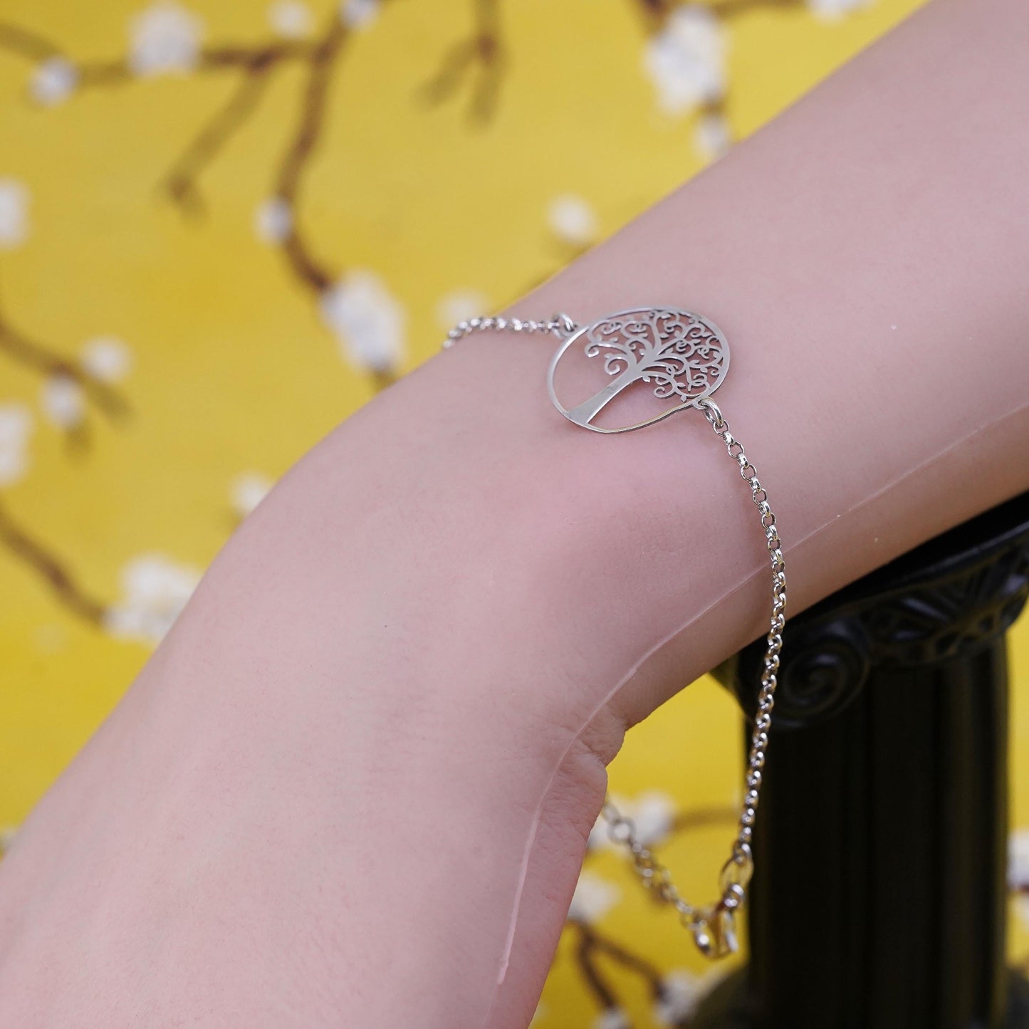 7.5" , Sterling silver bracelet, solid 925 chain filigree family tree charm