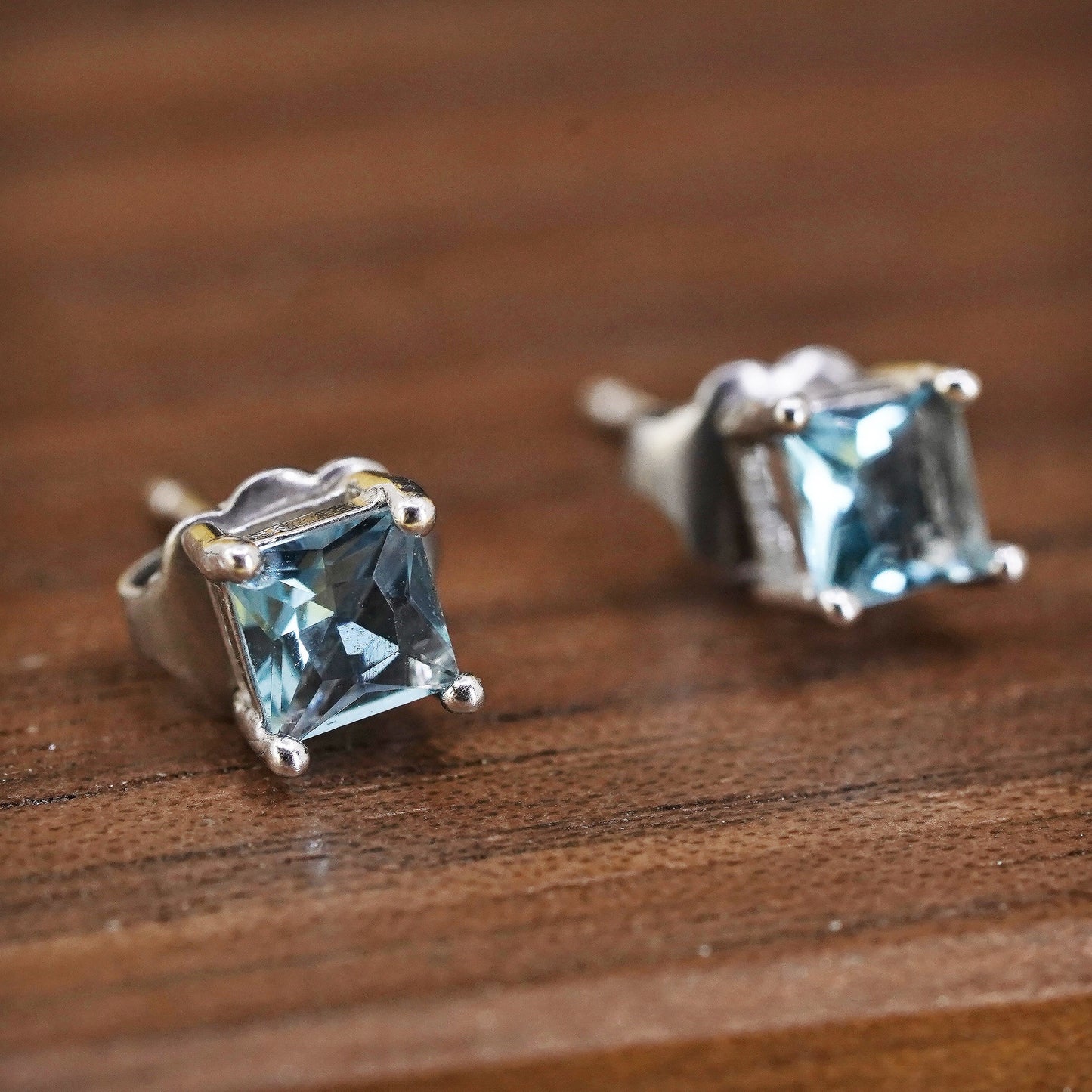 Vintage Sterling 925 silver blue topaz studs, square earrings