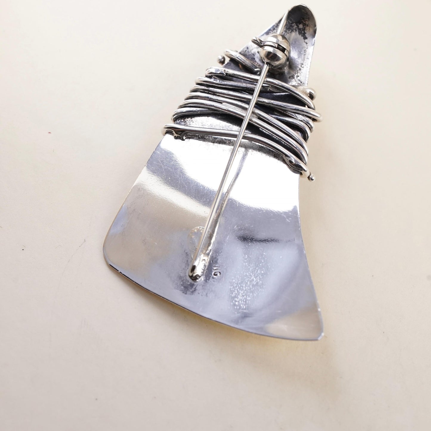 Brutalist Sterling Silver Onyx Brooch, Wire Wrapped Pin, Mid Century Jewelry