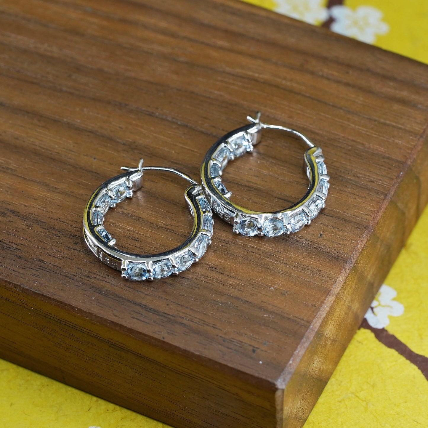 0.75", vintage HT Sterling silver huggie earrings, 925 hoops with blue crystal