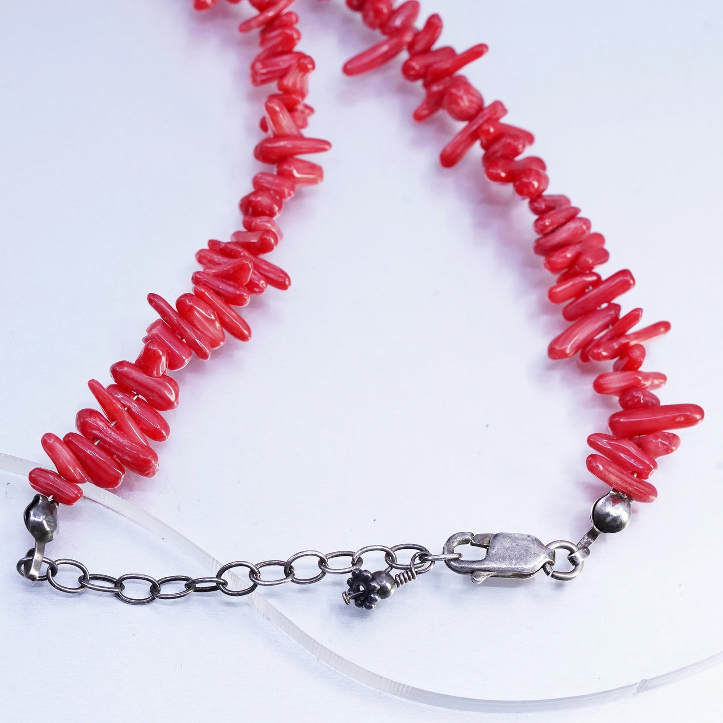 16+2", Native American Sterling 925 silver turquoise necklace with coral beads