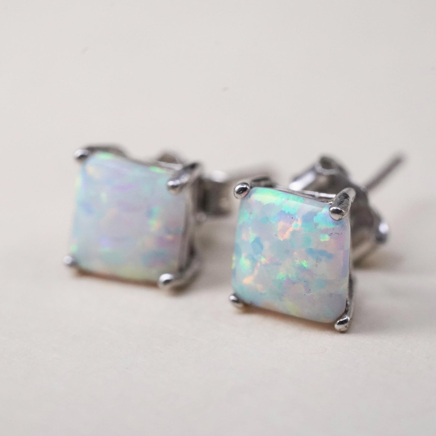 Vintage sterling silver handmade earrings, 925 studs with fire opal