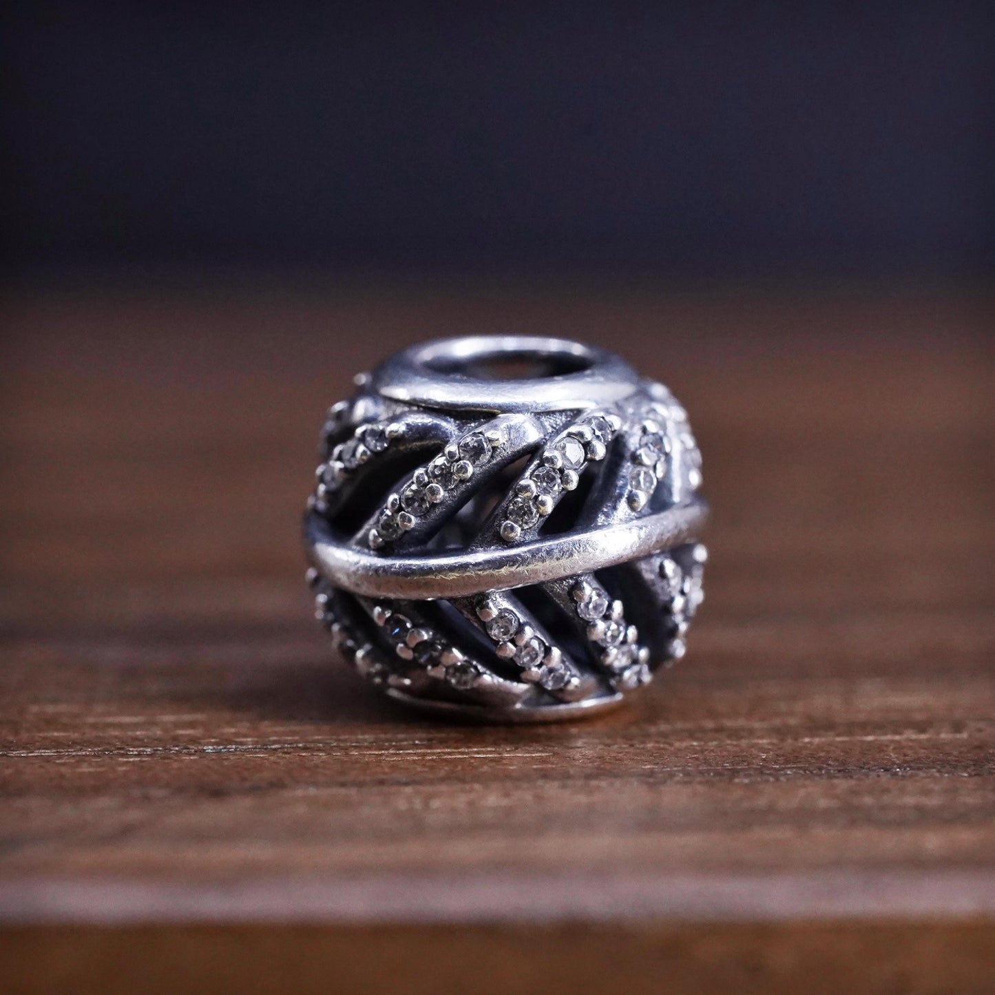 Vintage Sterling 925 silver handmade pendant leaf bead charm with cluster cz