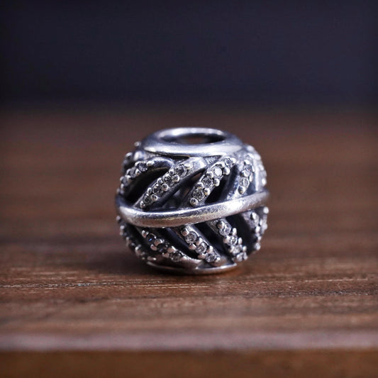 Vintage Sterling 925 silver handmade pendant leaf bead charm with cluster cz